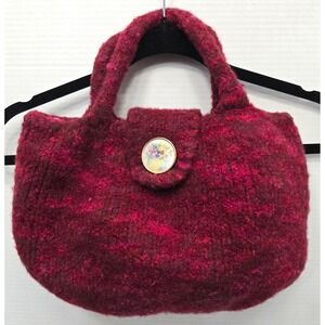 Vtg Handcrafted Felted Wool Handbag Tote Maroon Burgundy Floral Magnetic Button